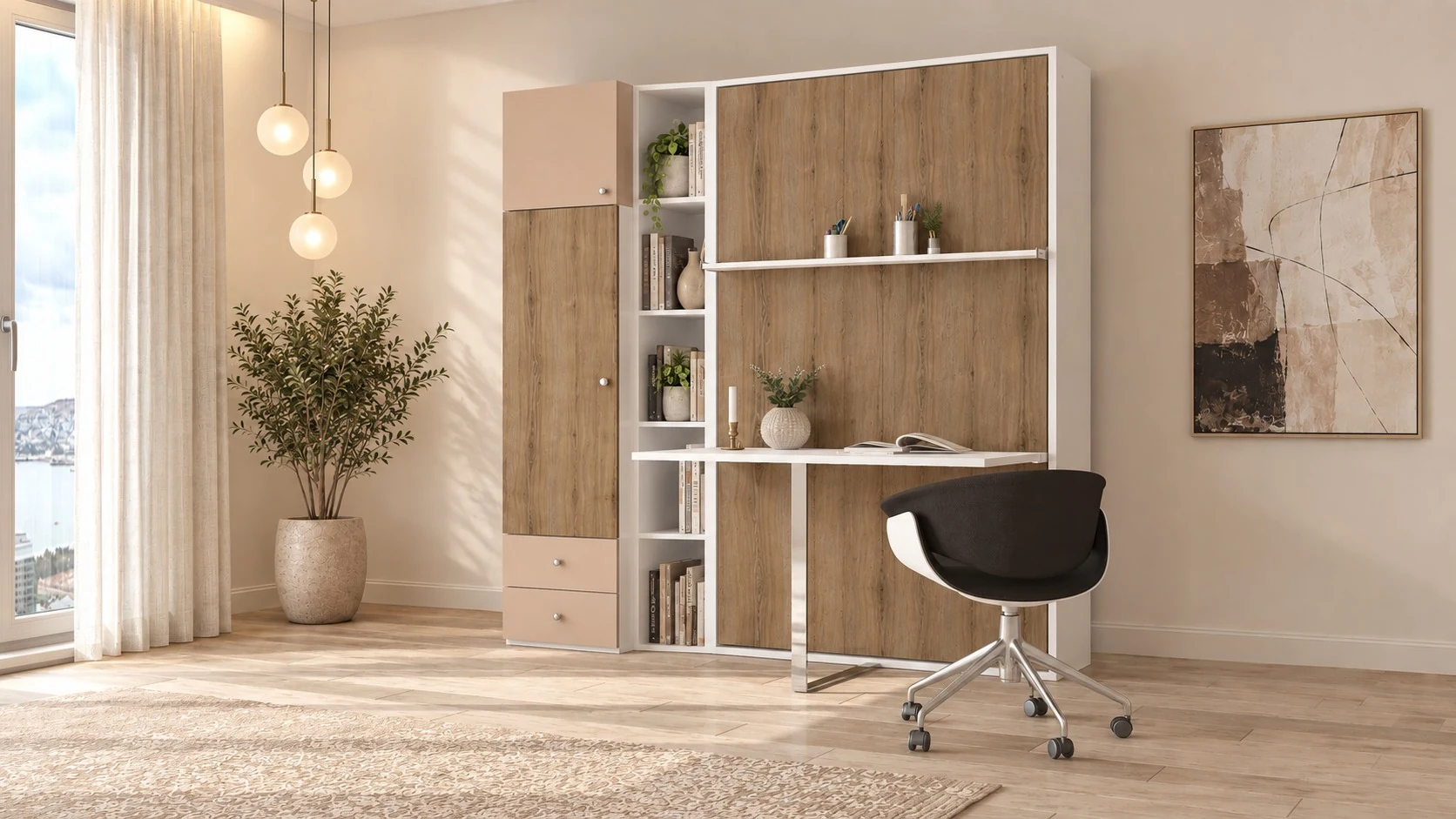 Vertical wall bed with desk — Helyum