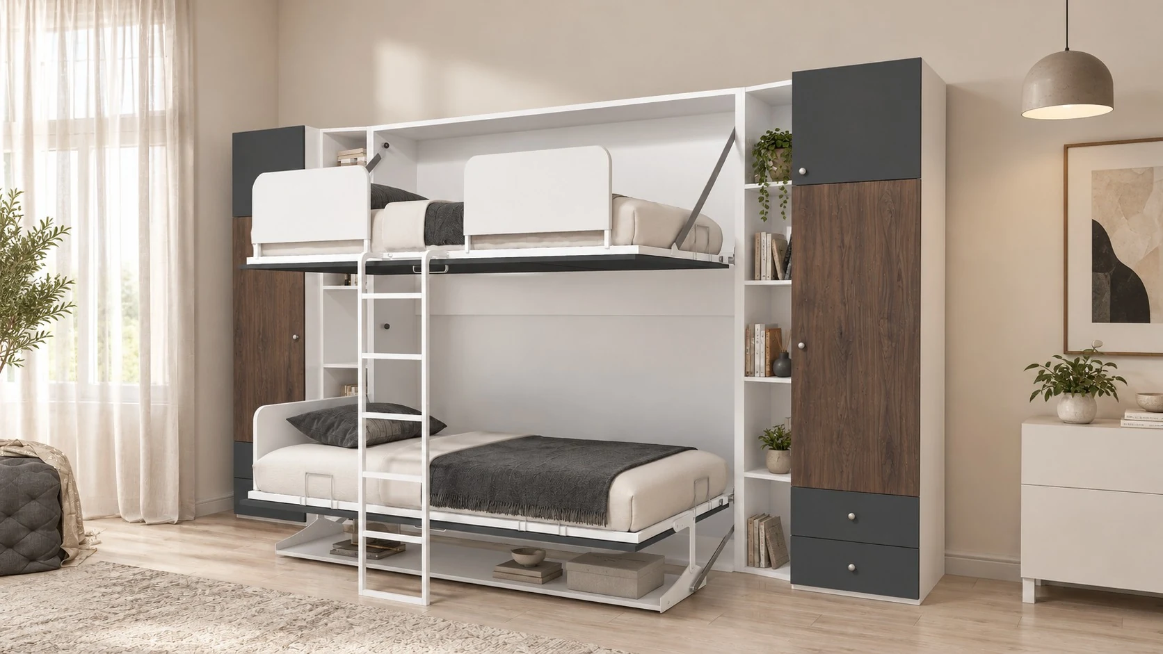 Folding bunk bed with desk — Radon · open