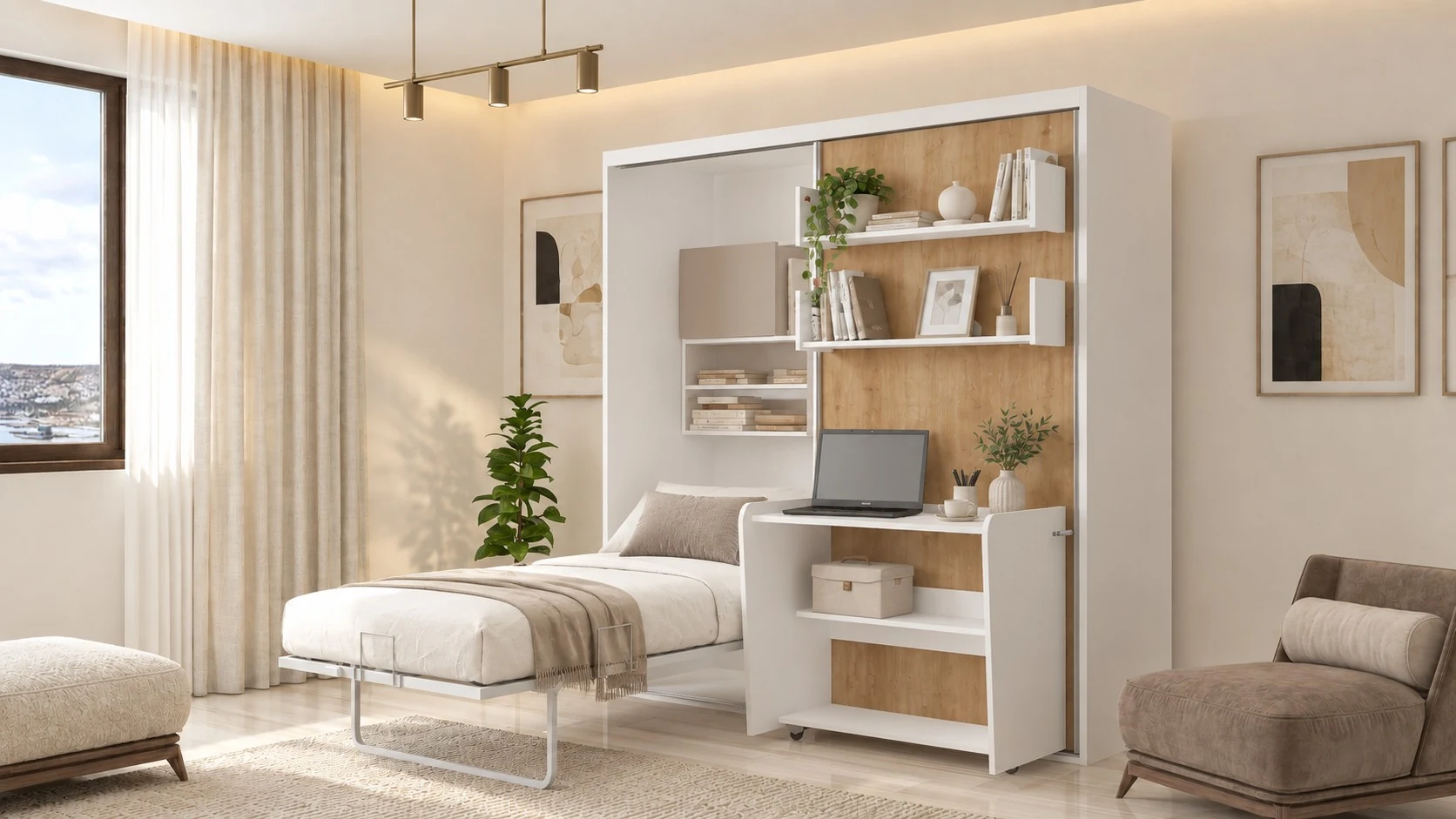 Vertical wall bed with desk — Zirkon · open